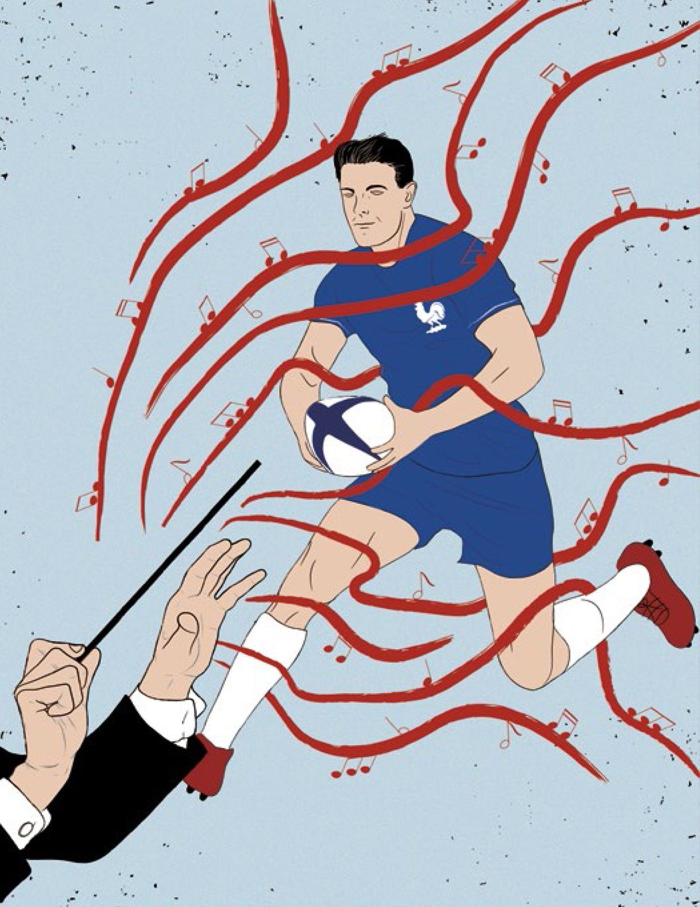 Illustration : un joueur de rugby en maillot bleu de l'équipe de France, entouré de rubans rouges reliés à la main d'un chef d'orchestre tenant une baguette.